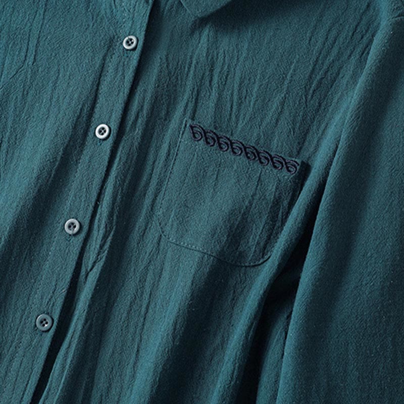 Camisa de algodón de manga larga con diseño bordado simple, retro, liso y con bolsillo para mujer de Buddha Stones , primavera - image 20