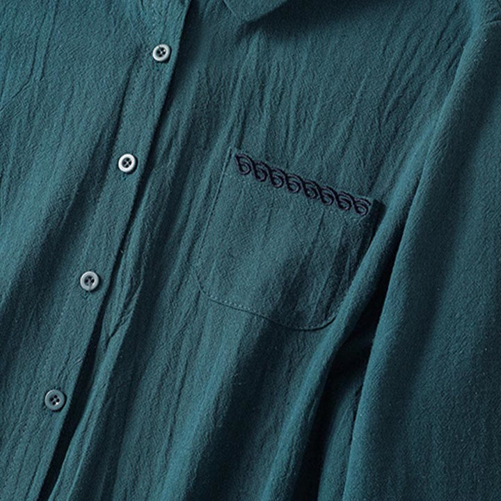 Camisa de algodón de manga larga con diseño bordado simple, retro, liso y con bolsillo para mujer de Buddha Stones , primavera - image 20