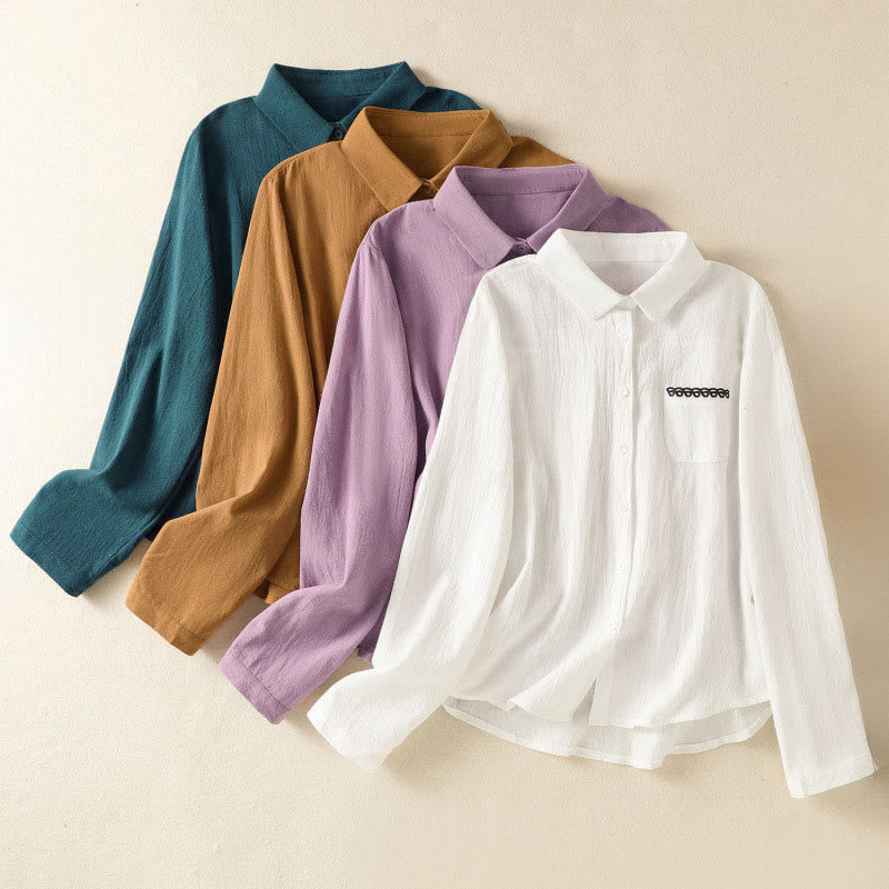 Camisa de algodón de manga larga con diseño bordado simple, retro, liso y con bolsillo para mujer de Buddha Stones , primavera - image 32