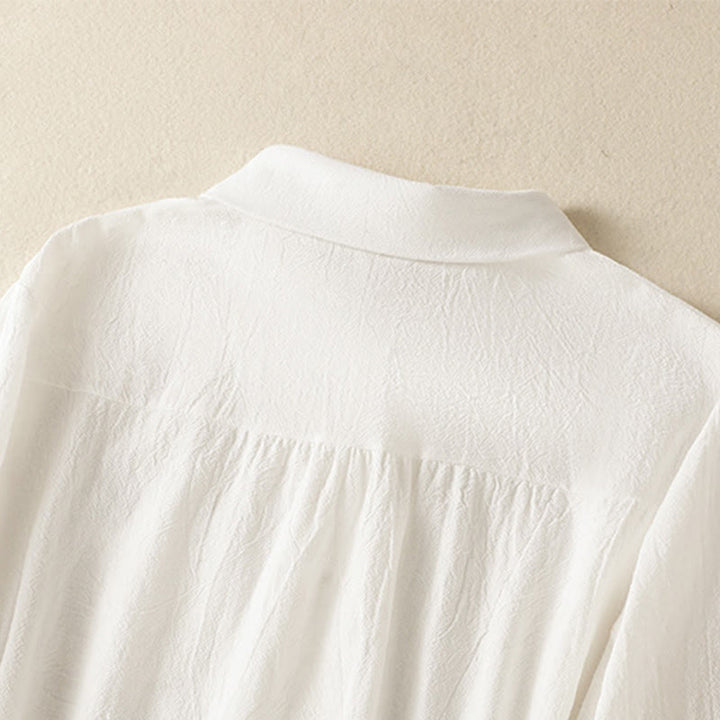 Camisa de algodón de manga larga con diseño bordado simple, retro, liso y con bolsillo para mujer de Buddha Stones , primavera - image 11