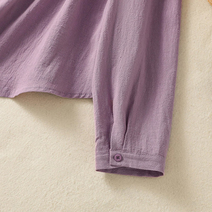 Camisa de algodón de manga larga con diseño bordado simple, retro, liso y con bolsillo para mujer de Buddha Stones , primavera - image 6