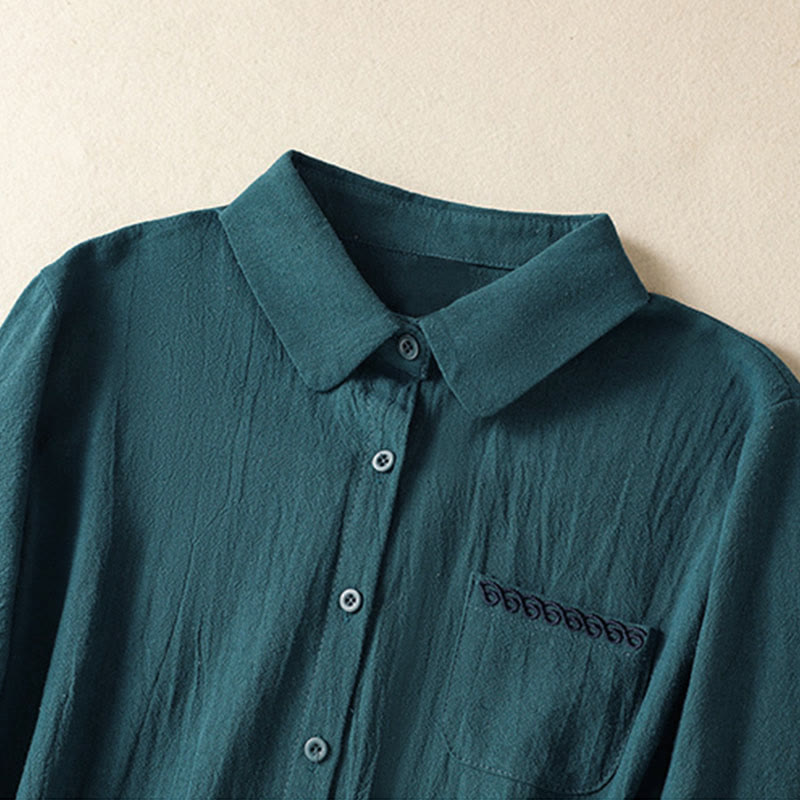 Camisa de algodón de manga larga con diseño bordado simple, retro, liso y con bolsillo para mujer de Buddha Stones , primavera - image 18