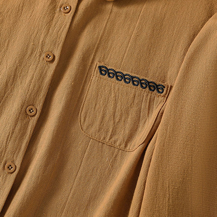 Camisa de algodón de manga larga con diseño bordado simple, retro, liso y con bolsillo para mujer de Buddha Stones , primavera - image 29