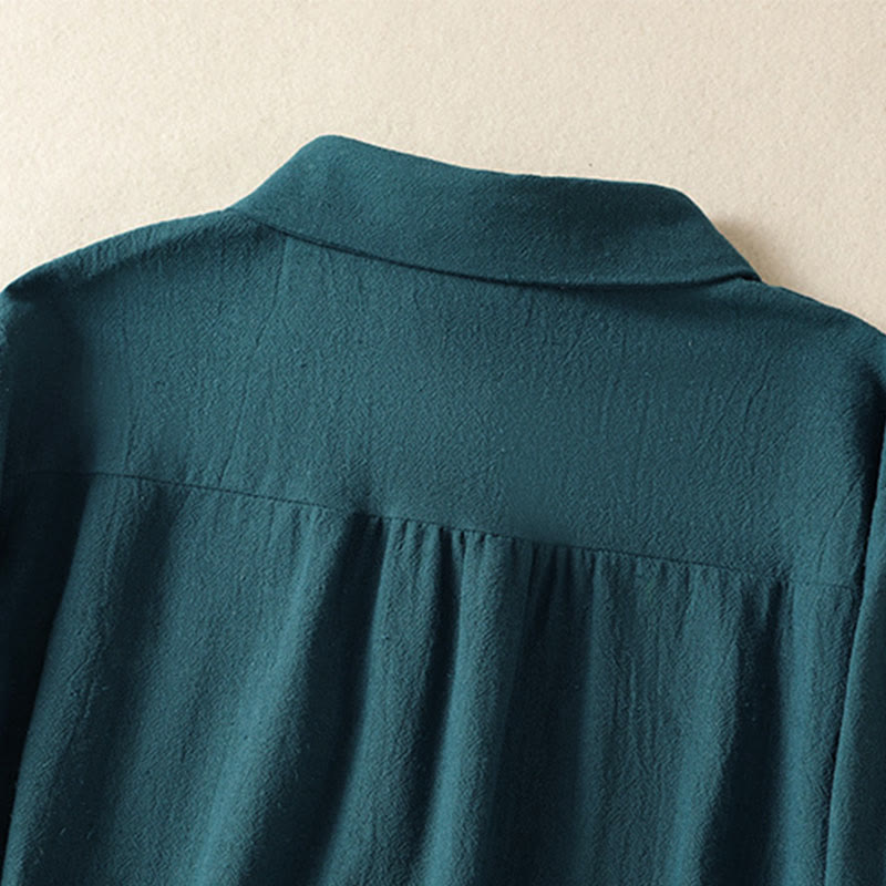 Camisa de algodón de manga larga con diseño bordado simple, retro, liso y con bolsillo para mujer de Buddha Stones , primavera - image 19