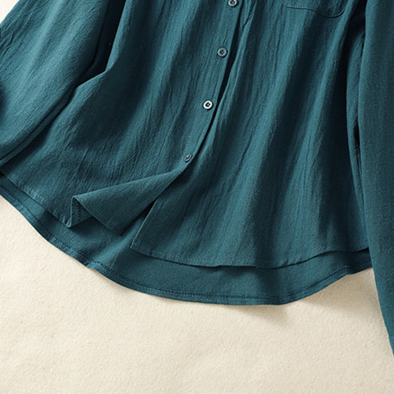 Camisa de algodón de manga larga con diseño bordado simple, retro, liso y con bolsillo para mujer de Buddha Stones , primavera - image 22