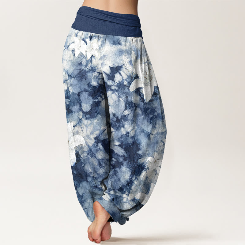 Pantalones harén de algodón puro con estampado de lirios y acuarela de Buddha Stones para mujer con cintura elástica - image 1