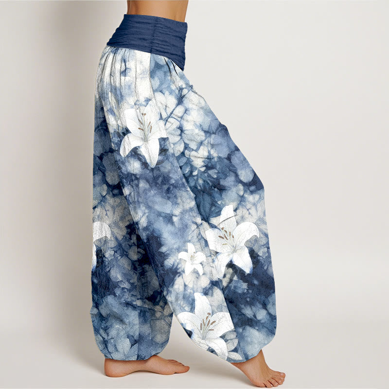 Pantalones harén de algodón puro con estampado de lirios y acuarela de Buddha Stones para mujer con cintura elástica - image 2