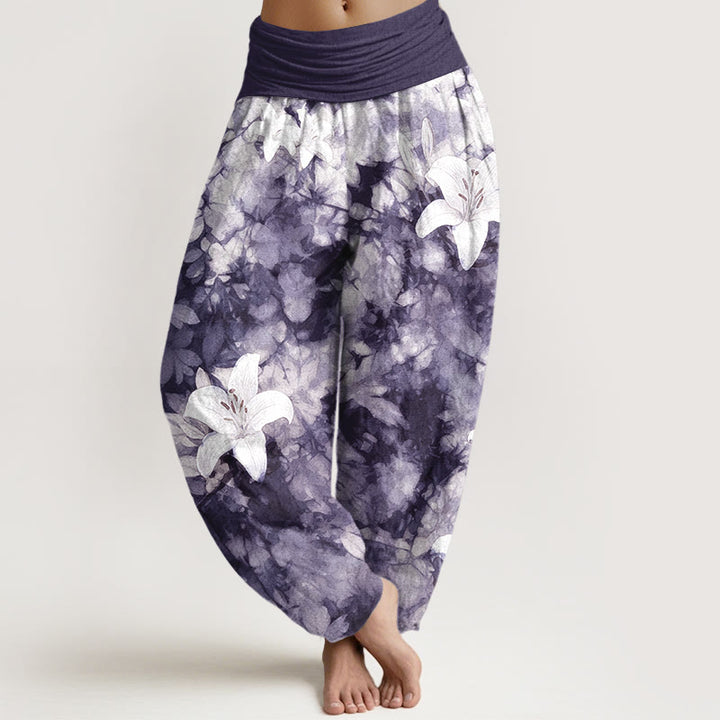 Pantalones harén de algodón puro con estampado de lirios y acuarela de Buddha Stones para mujer con cintura elástica - Índigo - US16，UK/AU20，EU48 (3XL) - image 5