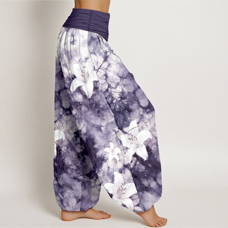 Pantalones harén de algodón puro con estampado de lirios y acuarela de Buddha Stones para mujer con cintura elástica - image 7