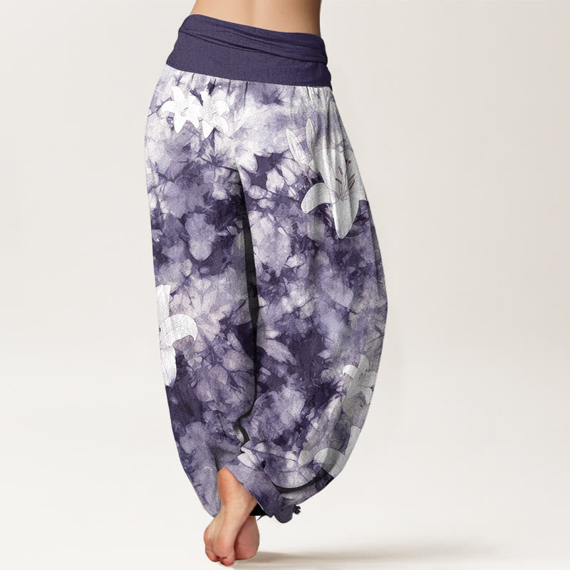 Pantalones harén de algodón puro con estampado de lirios y acuarela de Buddha Stones para mujer con cintura elástica - image 6