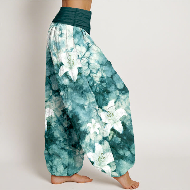 Pantalones harén de algodón puro con estampado de lirios y acuarela de Buddha Stones para mujer con cintura elástica - image 10