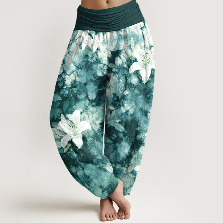 Pantalones harén de algodón puro con estampado de lirios y acuarela de Buddha Stones para mujer con cintura elástica - Verde oscuro - US16，UK/AU20，EU48 (3XL) - image 8