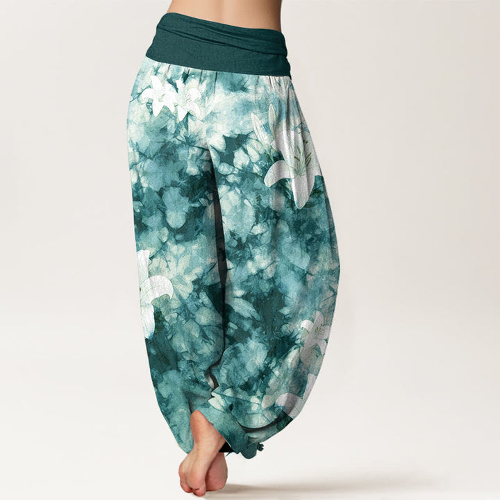Pantalones harén de algodón puro con estampado de lirios y acuarela de Buddha Stones para mujer con cintura elástica - image 9