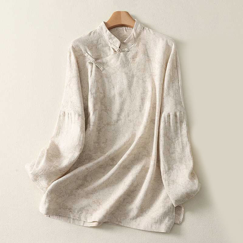 Camisa de lino y algodón de manga larga con diseño texturizado y botones de rana para mujer de Buddha Stones - Blanco antiguo - US14，UK/AU18，EU46 (2XL) - image 0