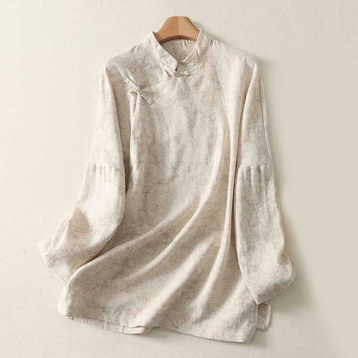 Camisa de lino y algodón de manga larga con diseño texturizado y botones de rana para mujer de Buddha Stones - Blanco antiguo - US14，UK/AU18，EU46 (2XL) - image 0