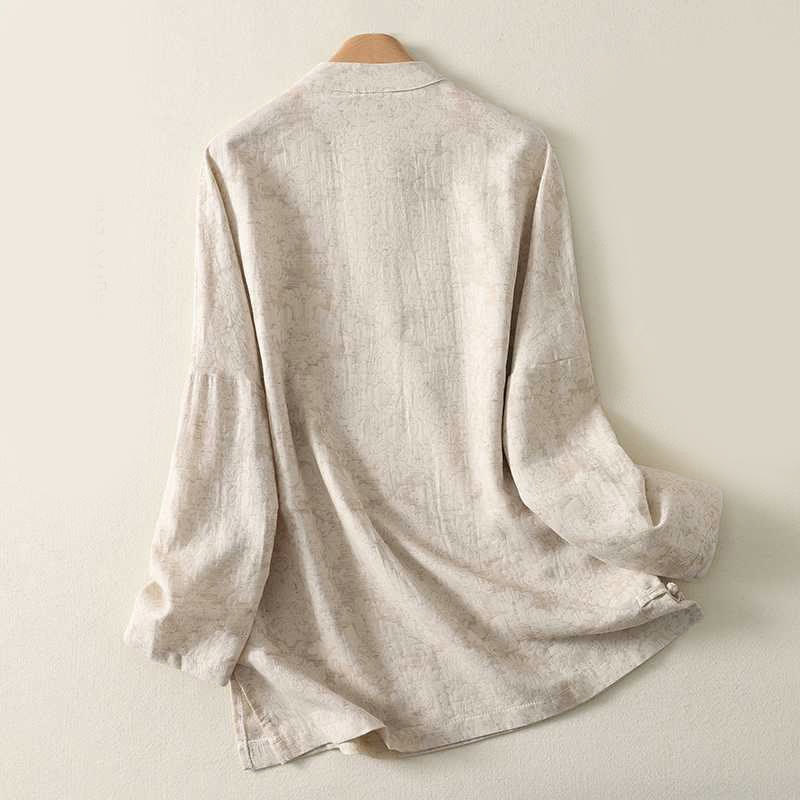 Camisa de lino y algodón de manga larga con diseño texturizado y botones de rana para mujer de Buddha Stones - image 1