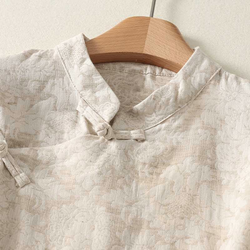 Camisa de lino y algodón de manga larga con diseño texturizado y botones de rana para mujer de Buddha Stones - image 2