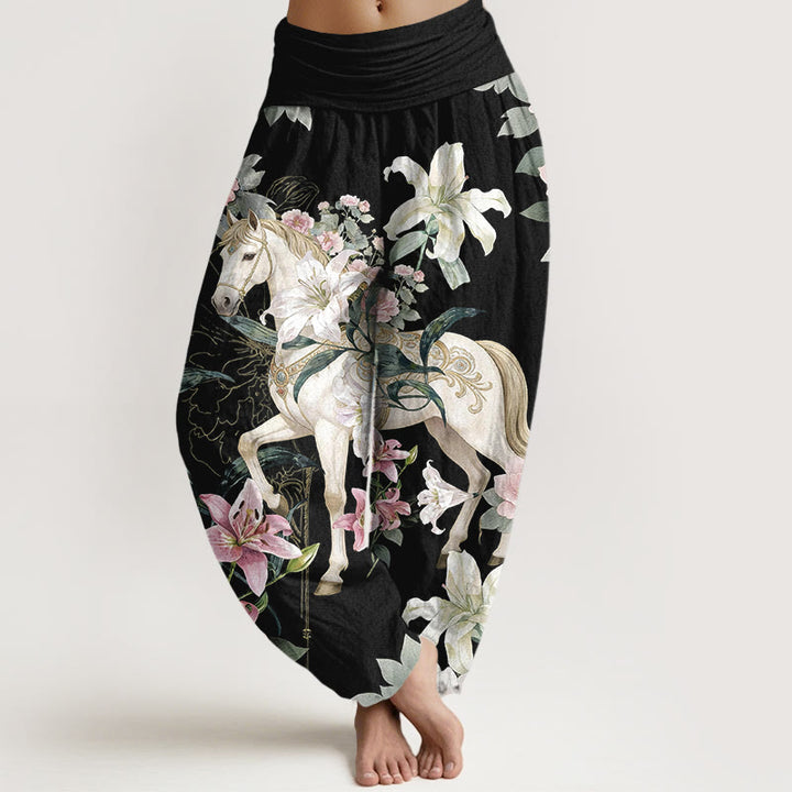 Pantalones Buddha Stones de algodón puro con estampado romántico de caballo, lirio y peonía para mujer, con cintura elástica - Negro - US16，UK/AU20，EU48 (3XL) - image 0