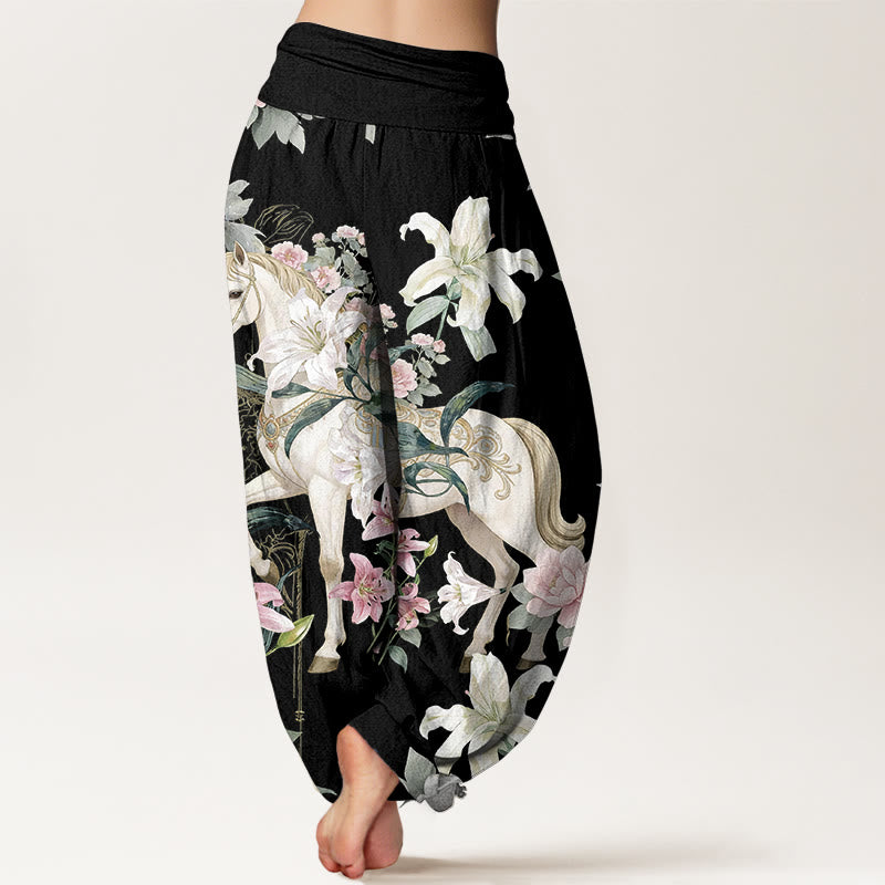 Pantalones Buddha Stones de algodón puro con estampado romántico de caballo, lirio y peonía para mujer, con cintura elástica - image 1
