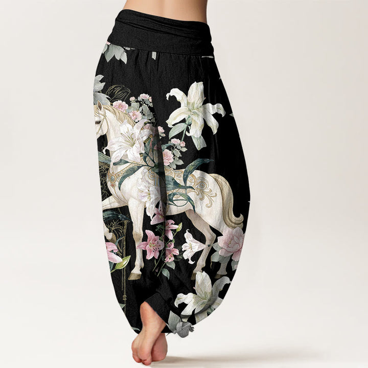 Pantalones Buddha Stones de algodón puro con estampado romántico de caballo, lirio y peonía para mujer, con cintura elástica - image 1