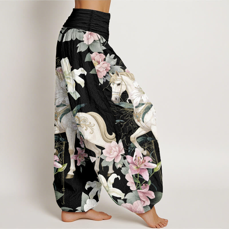 Pantalones Buddha Stones de algodón puro con estampado romántico de caballo, lirio y peonía para mujer, con cintura elástica - image 2