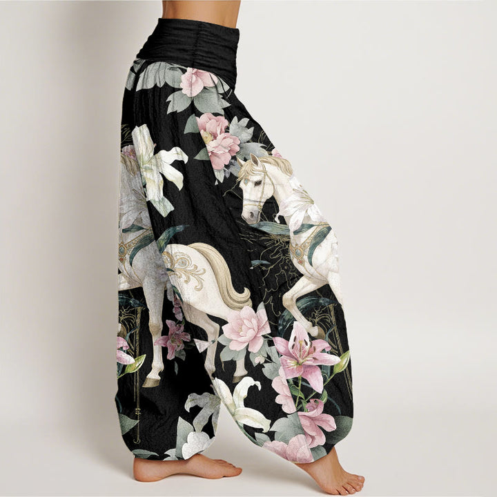 Pantalones Buddha Stones de algodón puro con estampado romántico de caballo, lirio y peonía para mujer, con cintura elástica - image 2