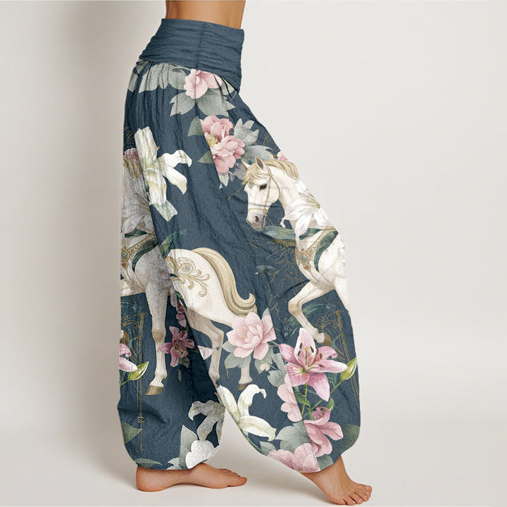 Pantalones Buddha Stones de algodón puro con estampado romántico de caballo, lirio y peonía para mujer, con cintura elástica - image 7