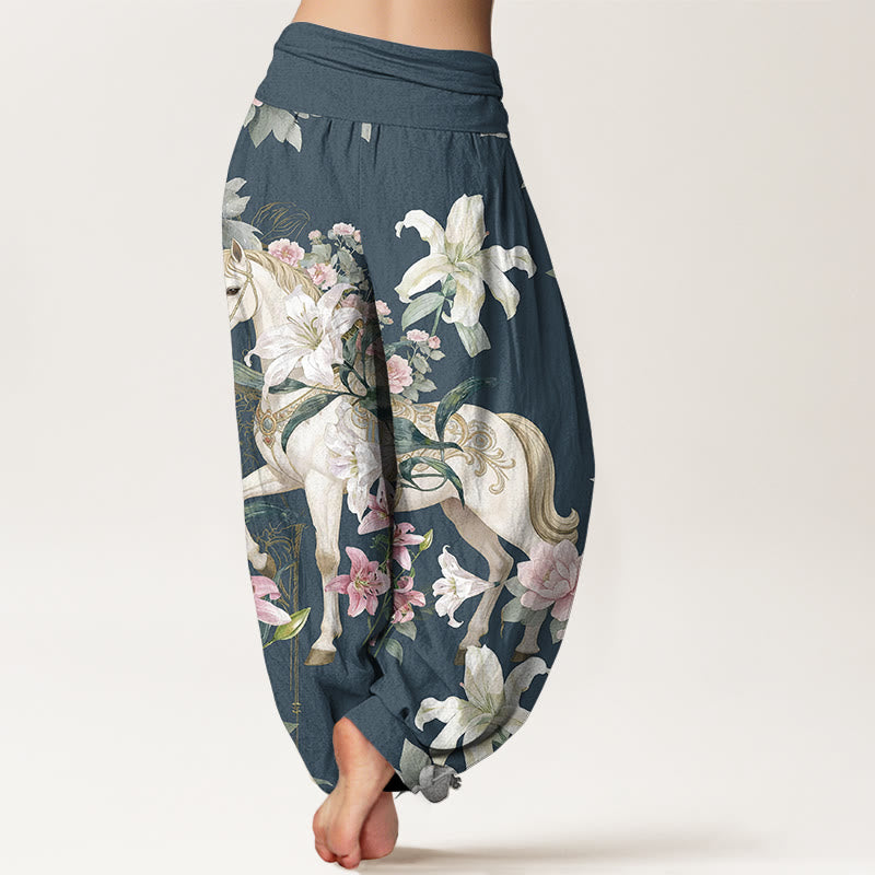 Pantalones Buddha Stones de algodón puro con estampado romántico de caballo, lirio y peonía para mujer, con cintura elástica - image 6