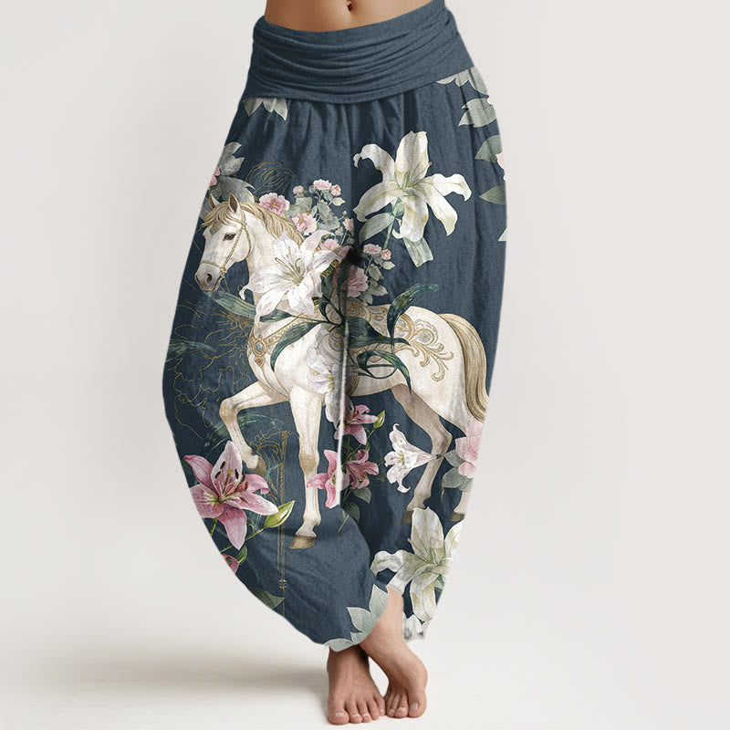 Pantalones Buddha Stones de algodón puro con estampado romántico de caballo, lirio y peonía para mujer, con cintura elástica - Azul pizarra oscuro - US16，UK/AU20，EU48 (3XL) - image 5