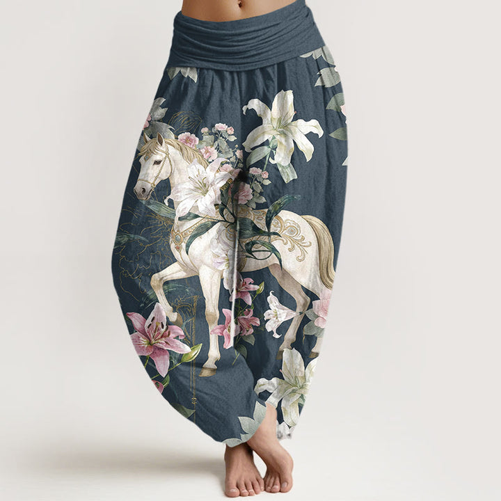 Pantalones Buddha Stones de algodón puro con estampado romántico de caballo, lirio y peonía para mujer, con cintura elástica - Azul pizarra oscuro - US16，UK/AU20，EU48 (3XL) - image 5