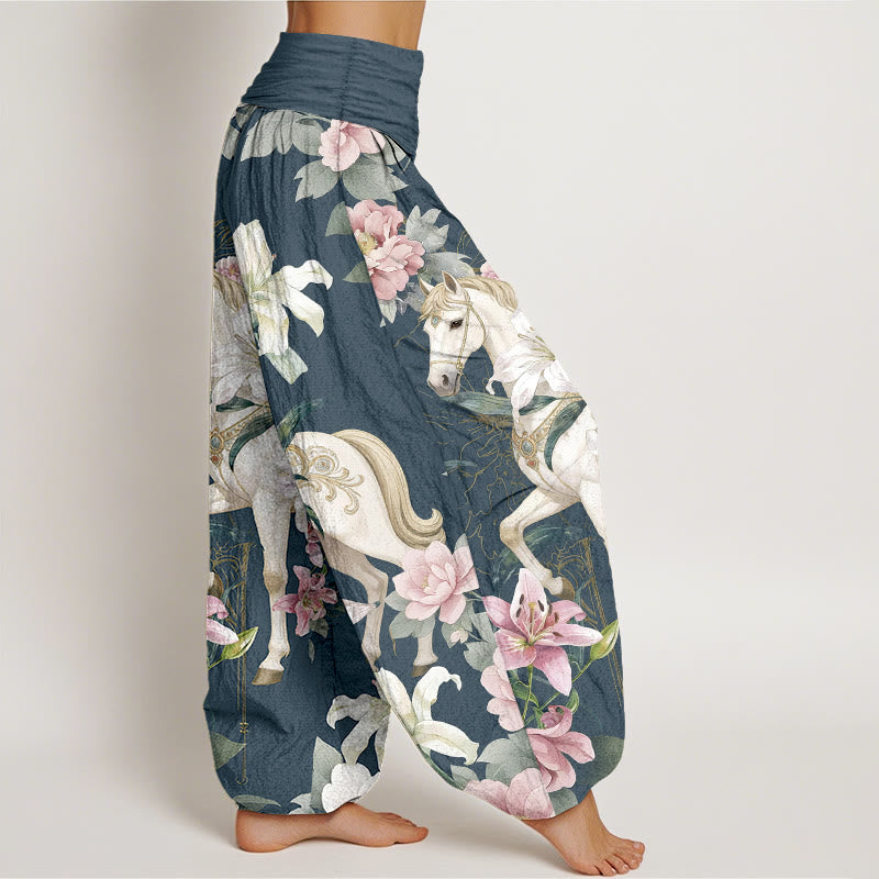 Pantalones Buddha Stones de algodón puro con estampado romántico de caballo, lirio y peonía para mujer, con cintura elástica - image 7