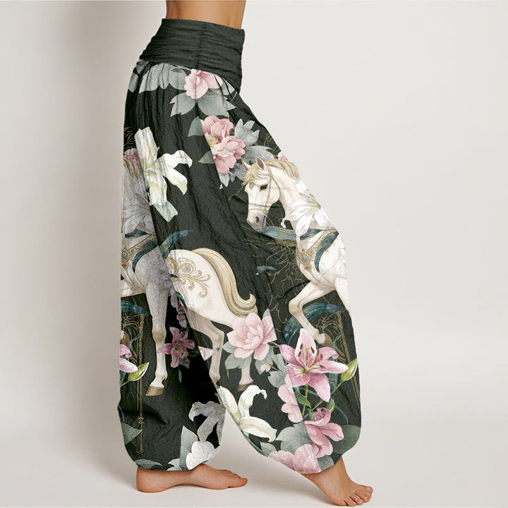 Pantalones Buddha Stones de algodón puro con estampado romántico de caballo, lirio y peonía para mujer, con cintura elástica - image 10