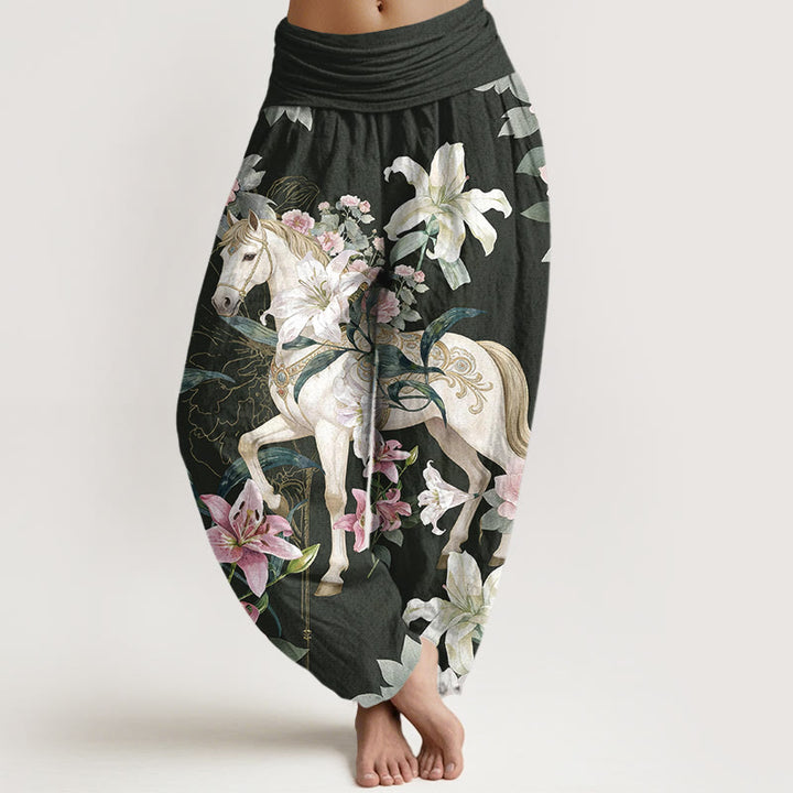 Pantalones Buddha Stones de algodón puro con estampado romántico de caballo, lirio y peonía para mujer, con cintura elástica - Gris oscuro - US16，UK/AU20，EU48 (3XL) - image 8