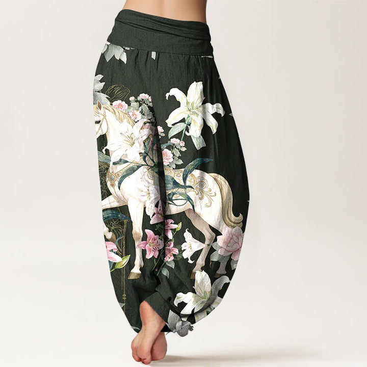 Pantalones Buddha Stones de algodón puro con estampado romántico de caballo, lirio y peonía para mujer, con cintura elástica - image 9
