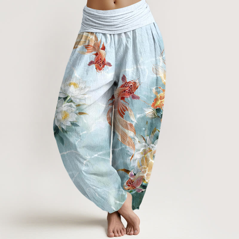 Pantalones Buddha Stones de algodón puro con estampado de flores de loto y peces koi de colores claros para mujer, con cintura elástica - Cian claro - US16，UK/AU20，EU48 (3XL) - image 0
