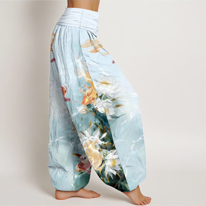 Pantalones Buddha Stones de algodón puro con estampado de flores de loto y peces koi de colores claros para mujer, con cintura elástica - image 2