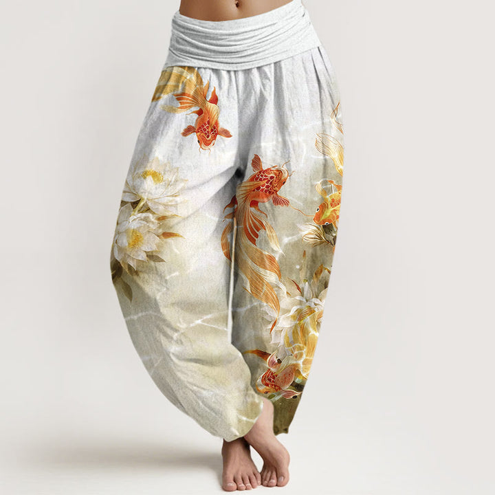 Pantalones Buddha Stones de algodón puro con estampado de flores de loto y peces koi de colores claros para mujer, con cintura elástica - Amarillo claro - US16，UK/AU20，EU48 (3XL) - image 5