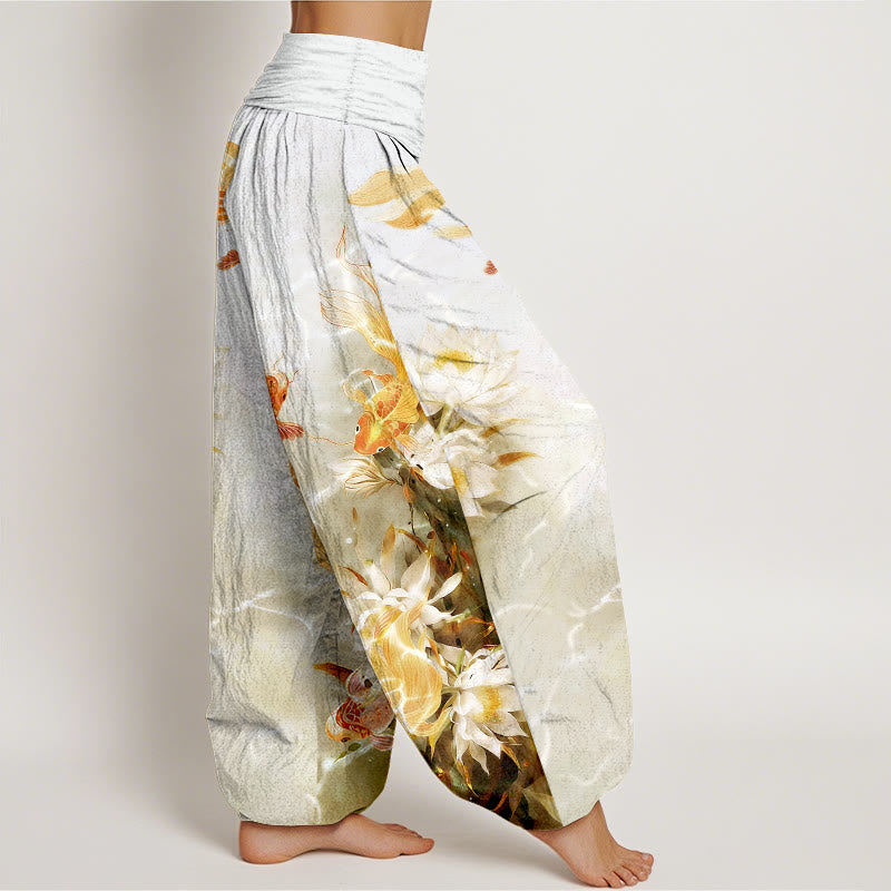 Pantalones Buddha Stones de algodón puro con estampado de flores de loto y peces koi de colores claros para mujer, con cintura elástica - image 7