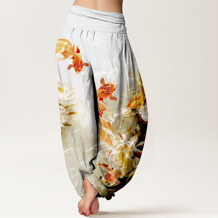 Pantalones Buddha Stones de algodón puro con estampado de flores de loto y peces koi de colores claros para mujer, con cintura elástica - image 6