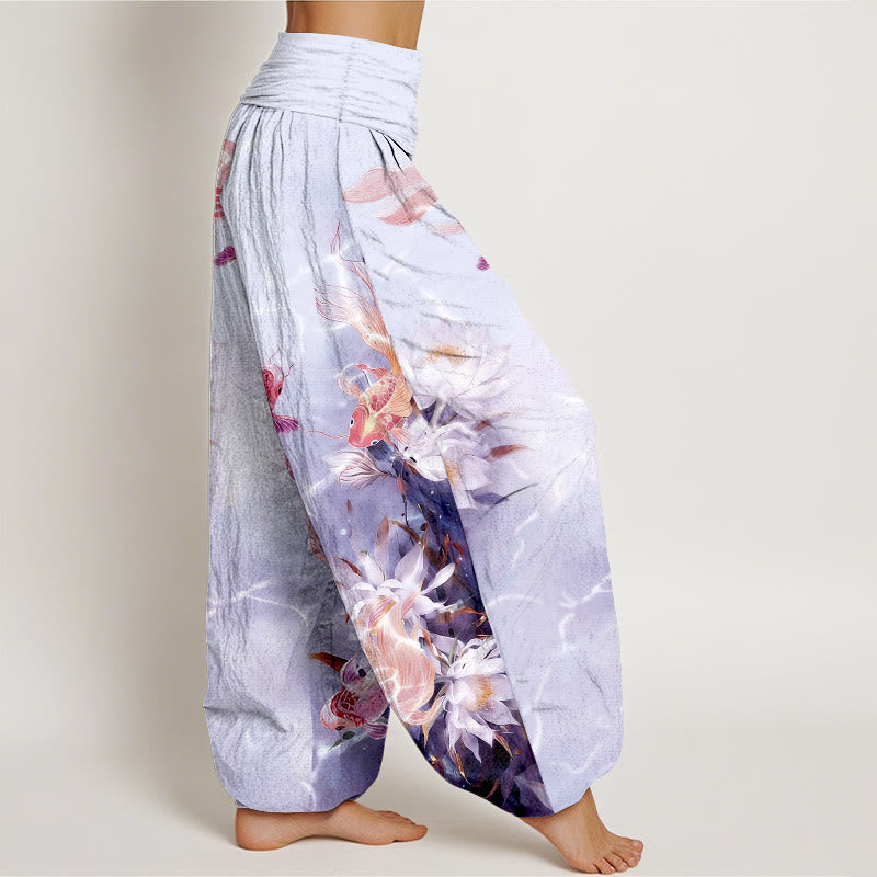 Pantalones Buddha Stones de algodón puro con estampado de flores de loto y peces koi de colores claros para mujer, con cintura elástica - image 10