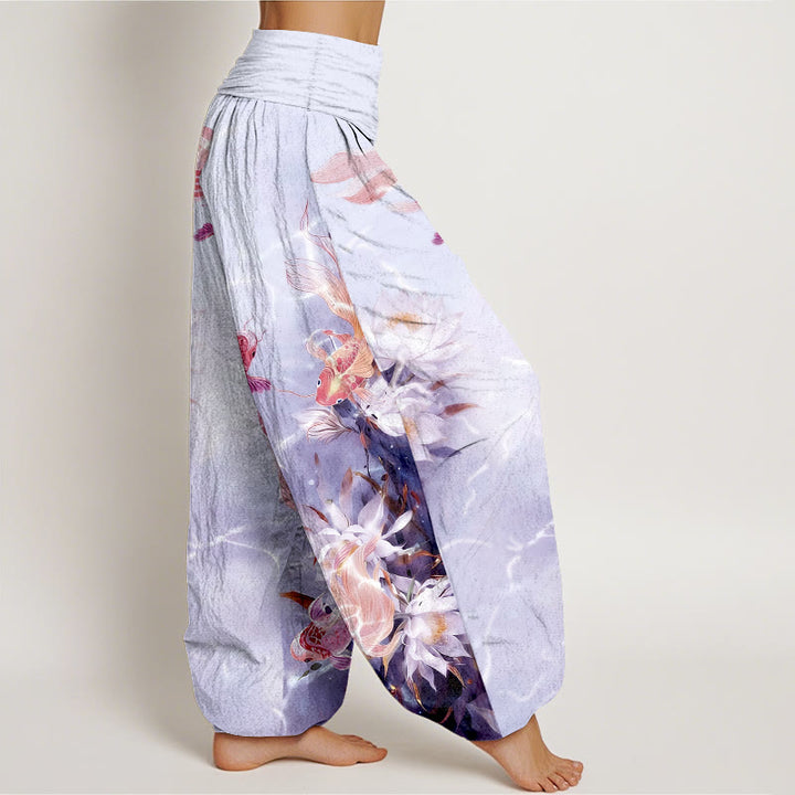 Pantalones Buddha Stones de algodón puro con estampado de flores de loto y peces koi de colores claros para mujer, con cintura elástica - image 10