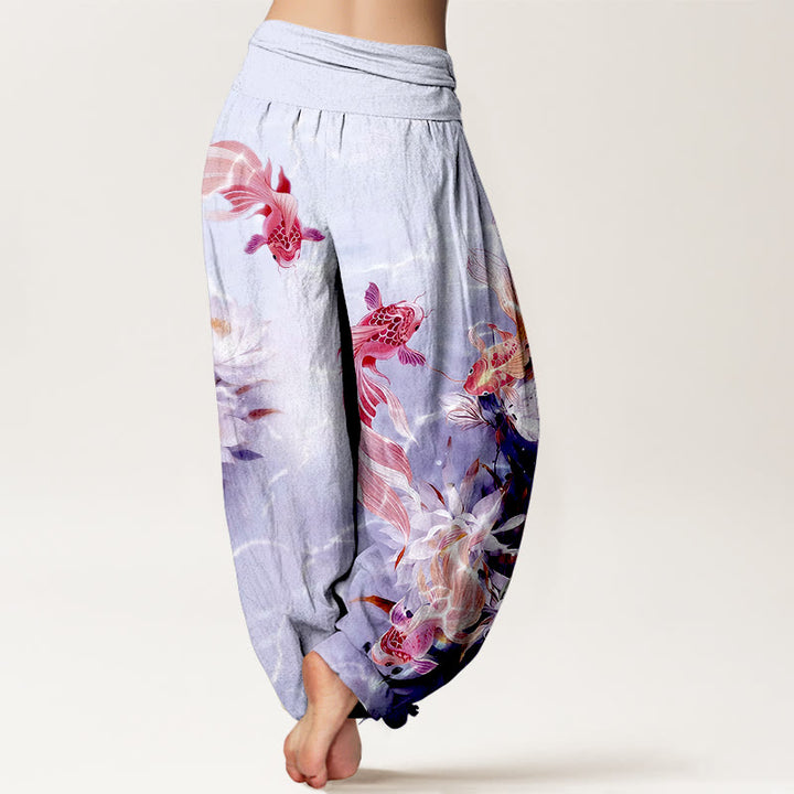 Pantalones Buddha Stones de algodón puro con estampado de flores de loto y peces koi de colores claros para mujer, con cintura elástica - image 9