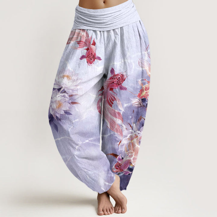 Pantalones Buddha Stones de algodón puro con estampado de flores de loto y peces koi de colores claros para mujer, con cintura elástica - Lavanda - US16，UK/AU20，EU48 (3XL) - image 8