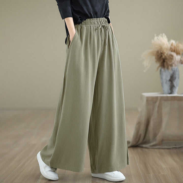 Pantalones anchos hasta el tobillo con bolsillos y cordón de algodón y lino para mujer de Buddha Stones - image 2