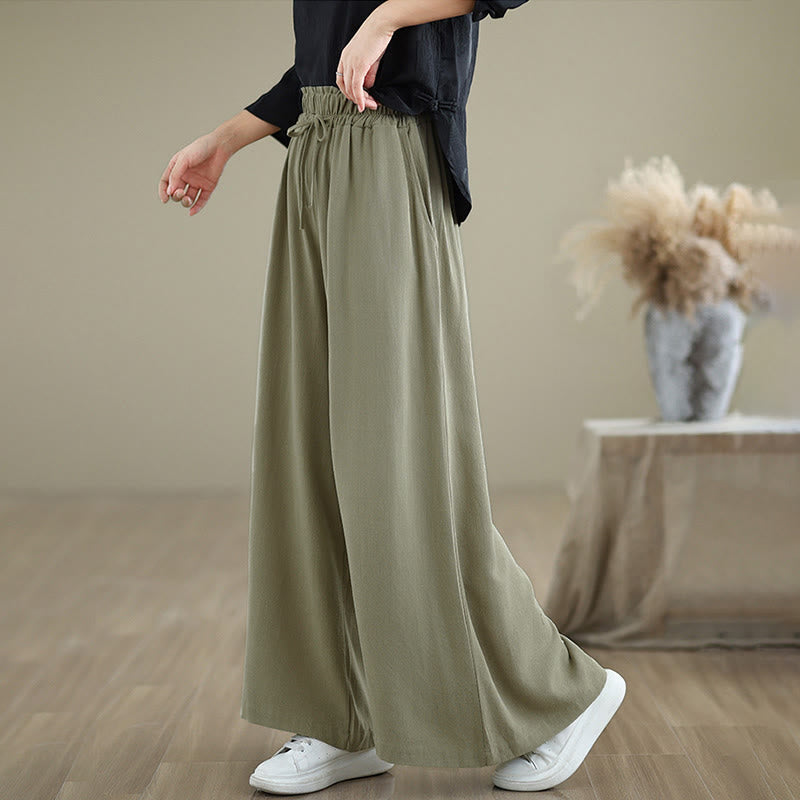 Pantalones anchos hasta el tobillo con bolsillos y cordón de algodón y lino para mujer de Buddha Stones - image 3