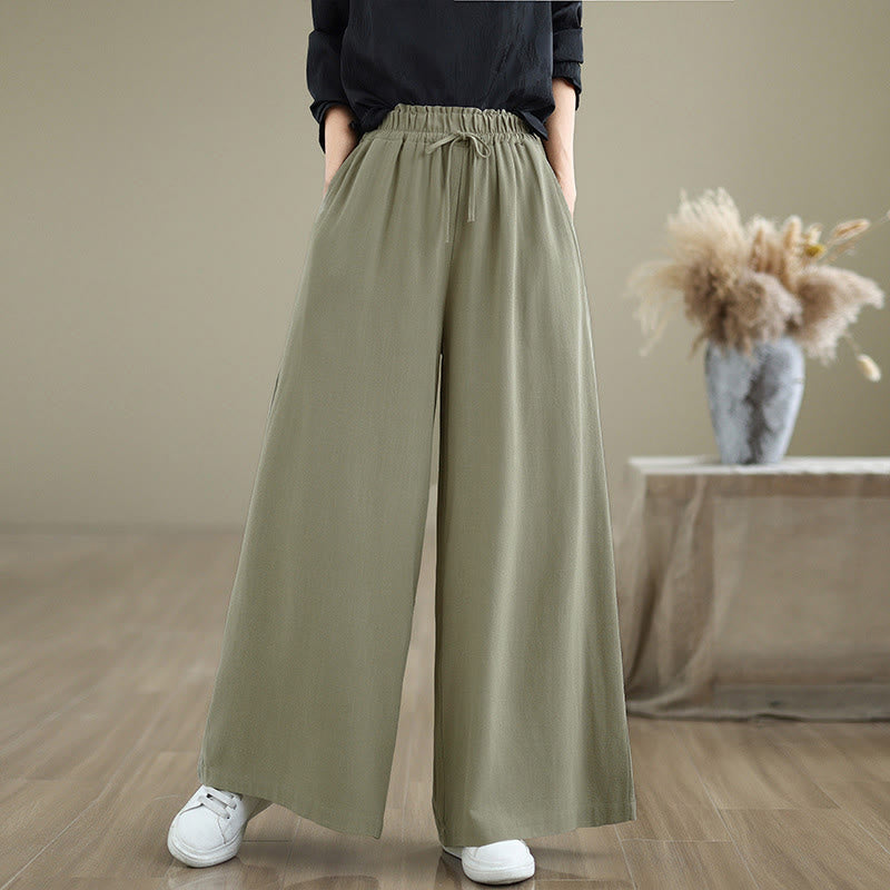 Pantalones anchos hasta el tobillo con bolsillos y cordón de algodón y lino para mujer de Buddha Stones - Verde mar oscuro - US6，UK/AU10，EU38 (XL) - image 0