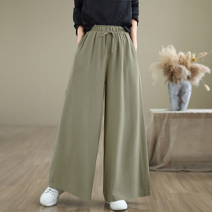 Pantalones anchos hasta el tobillo con bolsillos y cordón de algodón y lino para mujer de Buddha Stones - Verde mar oscuro - US6，UK/AU10，EU38 (XL) - image 0