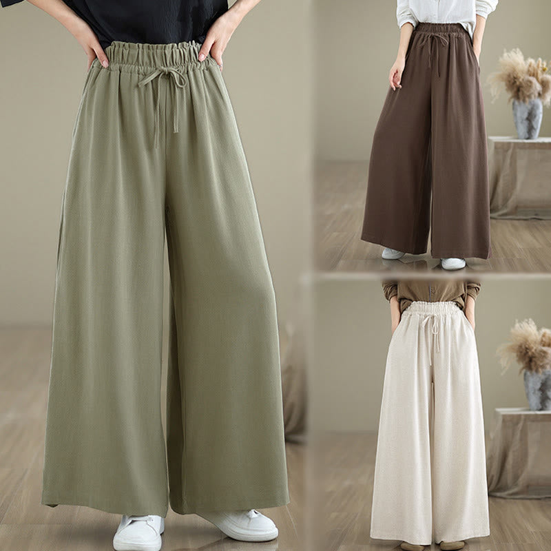 Pantalones anchos hasta el tobillo con bolsillos y cordón de algodón y lino para mujer de Buddha Stones - image 27