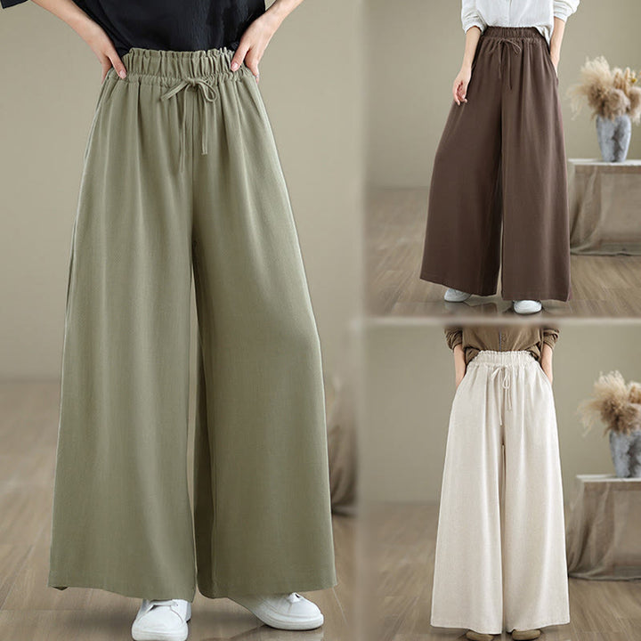 Pantalones anchos hasta el tobillo con bolsillos y cordón de algodón y lino para mujer de Buddha Stones - image 27