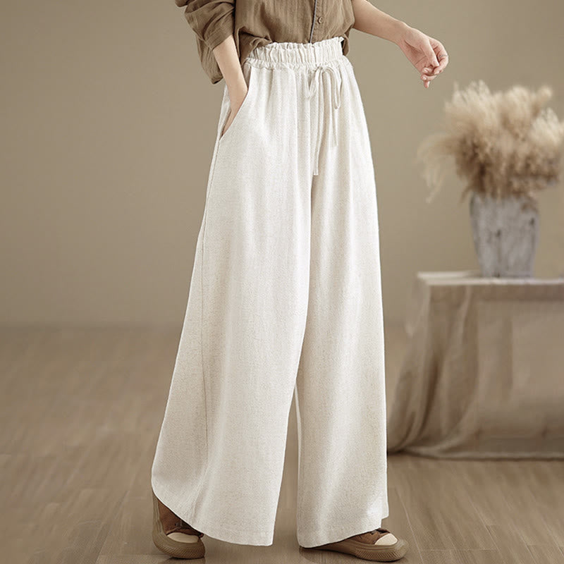 Pantalones anchos hasta el tobillo con bolsillos y cordón de algodón y lino para mujer de Buddha Stones - image 18